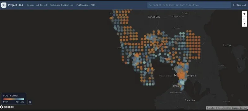 Project TALA dashboard: a dark map of Central Luzon with each community shaded from poor (orange) to wealthy (blue)
